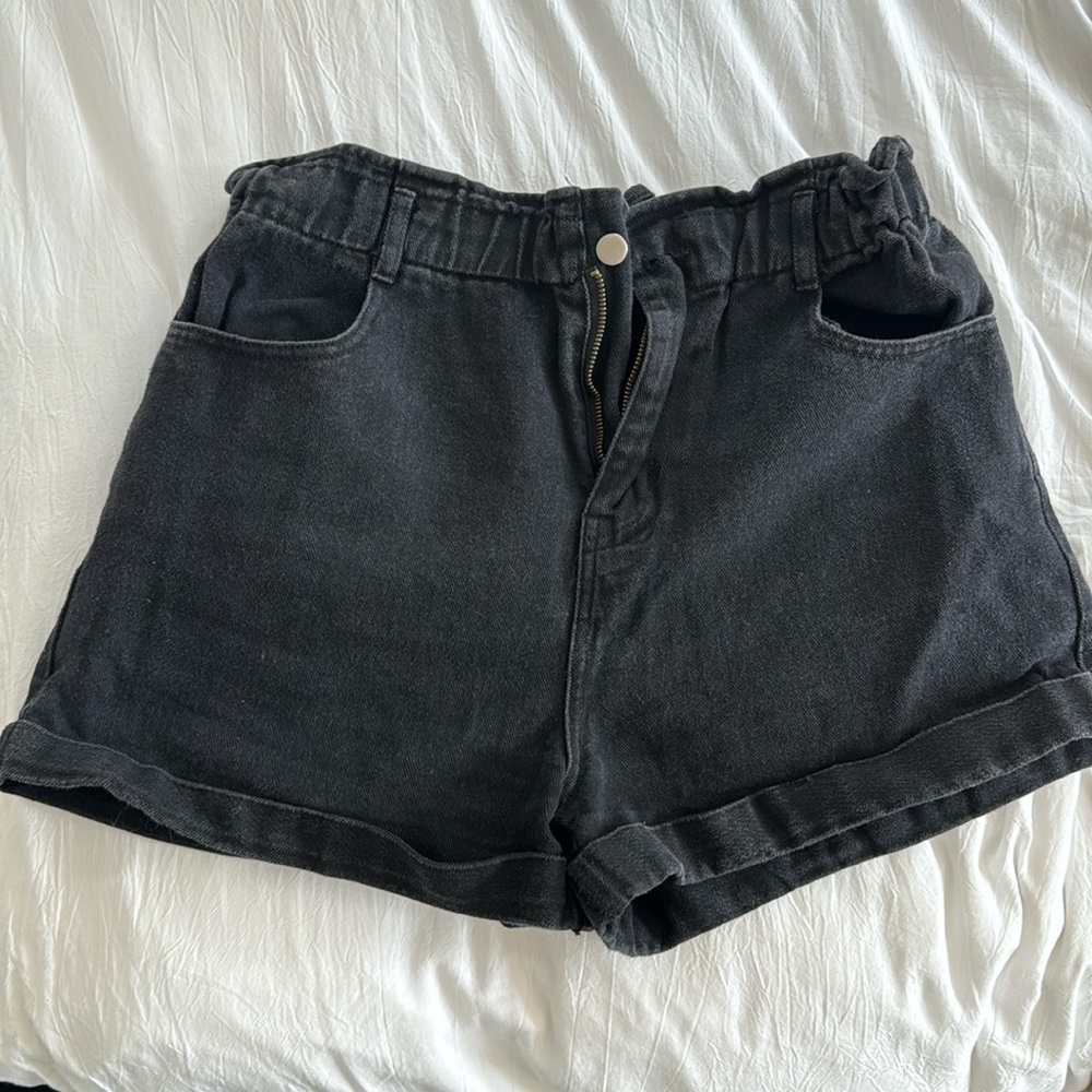Scrunched High Rise Black Denim Shorts